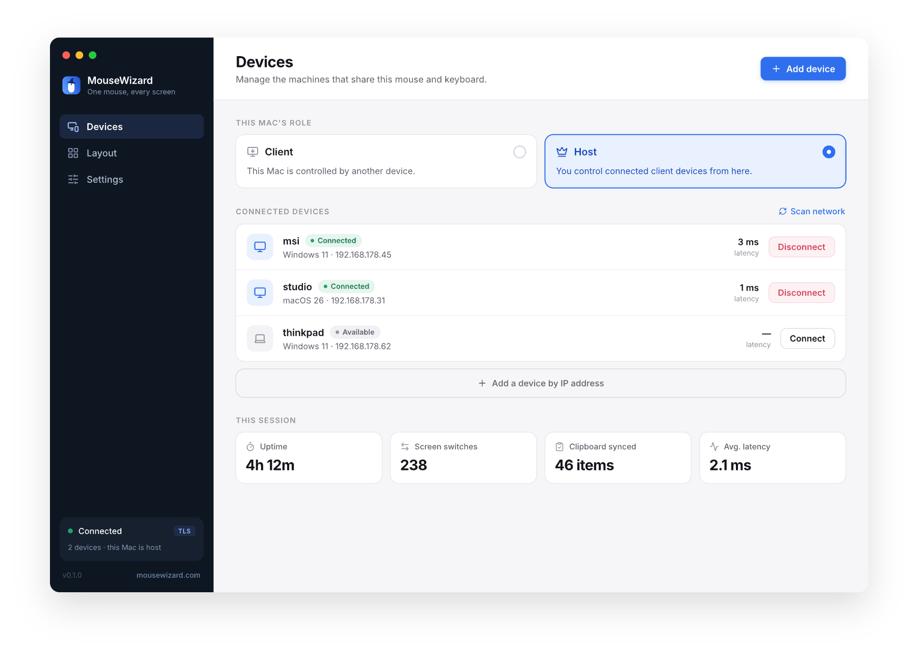 The MouseWizard app showing two connected devices, their latency and the host role selection.